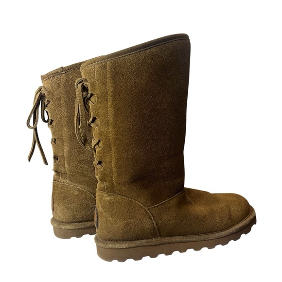 BEARPAW Tan Boots Mid Calf Boots Hickory Leather size 8 Women Boots Tied Back - Picture 2 of 6